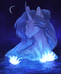 Size: 1653x2000 | Tagged: safe, artist:hazepages, derpibooru import, oc, oc only, pony, unicorn, glowing flower, moon, night, night sky, sky, solo, stars, water