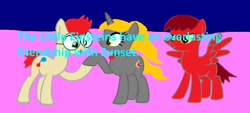 Size: 1280x578 | Tagged: safe, artist:disneyponyfan, derpibooru import, oc, earth pony, pegasus, pony, unicorn, glasses, leo, little einsteins, ponified, text