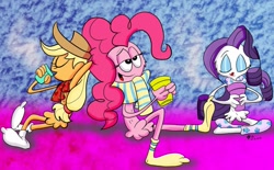 Size: 1135x704 | Tagged: safe, artist:spongefox, derpibooru import, applejack, pinkie pie, rarity, alien, earth pony, pegasus, pony, unicorn, bedroom eyes, chocolate, clothes, crossover, drinking, eyes closed, food, hot chocolate, scarf, socks, wander over yonder, winter