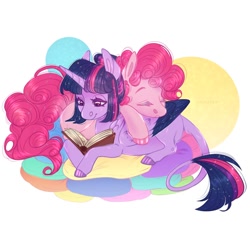 Size: 1080x1080 | Tagged: safe, artist:sadelinav, derpibooru import, pinkie pie, twilight sparkle, twilight sparkle (alicorn), alicorn, earth pony, pony, alternate hairstyle, book, colored hooves, duo, duo female, eyes closed, female, folded wings, leonine tail, lesbian, looking at something, lying down, mare, pillow, pony pile, prone, reading, shipping, short mane, simple background, sleeping, smiling, sparkles, sparkling mane, three quarter view, twinkie, two toned wings, white background, wings