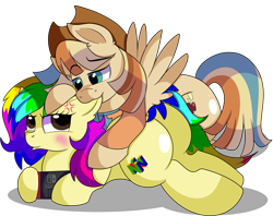 Size: 5300x4200 | Tagged: safe, artist:rainbowtashie, derpibooru import, braeburn, oc, oc:rainbow tashie, oc:spicy cider, earth pony, pegasus, pony, biting, blushing, clothes, commissioner:bigonionbean, cowboy hat, cuddling, cutie mark, duckface, ear bite, earth pony oc, female, fusion, fusion:spicy cider, hat, husband and wife, male, mare, nintendo switch, nom, oc x oc, shipping, simple background, spooning, stallion, stetson, straight, teasing, transparent background, tsundere, wind waker (character), writer:bigonionbean