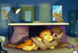 Size: 2000x1376 | Tagged: safe, artist:drafthoof, derpibooru import, spitfire, oc, oc:chocolate chips, wonderbolts academy, canon x oc, cuddling, desk, female, firechips, kissing, lying down, male, office, shipping, straight