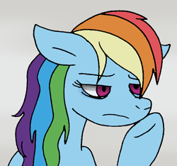 Size: 618x579 | Tagged: safe, artist:cmara, derpibooru import, rainbow dash, pegasus, pony, bags under eyes, exhausted, female, gray background, mare, raised hoof, simple background, solo