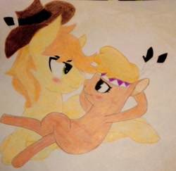 Size: 1799x1749 | Tagged: safe, artist:raindasher14, derpibooru import, braeburn, little strongheart, earth pony, pony, blushing, braeheart, female, male, nuzzling, photo, shipping, straight, traditional art