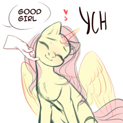 Size: 1500x1500 | Tagged: safe, artist:nika-rain, derpibooru import, fluttershy, oc, pegasus, pony, chin scratch, commission, cute, eyes closed, female, floating heart, good girl, hand, heart, smiling, solo, ych example, ych sketch, your character here