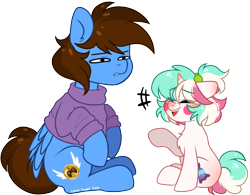 Size: 1118x873 | Tagged: safe, artist:cottonsweets, derpibooru import, oc, oc:cottonsweets, oc:pegasusgamer, pegasus, unicorn, chest fluff, clothes, confused, eyes closed, happy, horn, simple background, sitting, sweater, transparent background, wings