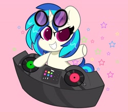 Size: 3300x2900 | Tagged: safe, artist:kittyrosie, derpibooru import, dj pon-3, vinyl scratch, pony, unicorn, colored pupils, cute, dj booth, ear fluff, female, high res, mare, pink background, record, simple background, smiling, solo, stars, turntable, vinylbetes