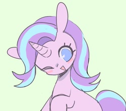 Size: 903x797 | Tagged: safe, artist:mesqrit, derpibooru import, starlight glimmer, pony, unicorn, blushing, cute, female, glimmerbetes, green background, looking at you, mare, no pupils, one eye closed, open mouth, simple background, solo, wink