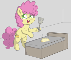Size: 868x727 | Tagged: safe, artist:heretichesh, derpibooru import, li'l cheese, earth pony, pony, the last problem, blushing, cheese, female, filly, food, gouda, grill, grilled cheese, happy, smiling, spatula