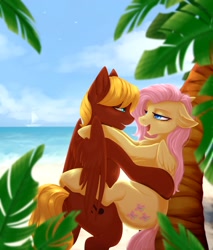 Size: 2550x3000 | Tagged: safe, artist:evlass, derpibooru import, fluttershy, oc, oc:soul harmony, pegasus, pony, against tree, beach, bedroom eyes, canon x oc, commission, cute, female, high res, looking at each other, male, ocean, palm tree, sailboat, sex on the beach, shipping, soulshy, straight, tree