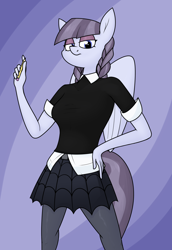 Size: 1360x1980 | Tagged: safe, artist:moonatik, derpibooru import, inky rose, anthro, pegasus, abstract background, braid, clothes, eyeshadow, female, hand, looking at you, makeup, mare, pencil, shirt, skirt, solo, tights, wings