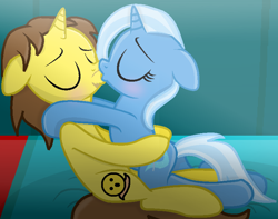 Size: 776x610 | Tagged: safe, alternate version, artist:grapefruitface1, artist:ukulelemoon, derpibooru import, trixie, oc, oc:grapefruit face, pony, base used, bed, bedroom, canon x oc, curtains, grapexie, kissing, self insert, shipping, show accurate