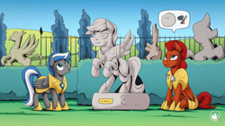 Size: 2560x1440 | Tagged: safe, artist:mysticalpha, derpibooru import, oc, oc only, oc:captain sunride, oc:cloud zapper, pegasus, pony, armor, canterlot gardens, male, pegasus oc, royal guard, royal guard armor, stallion, statue, wings