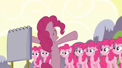 Size: 1366x768 | Tagged: safe, derpibooru import, screencap, pinkie pie, earth pony, pony, too many pinkie pies, bipedal, clones, hooves up, pinkie pie clones, sketch pad, solo