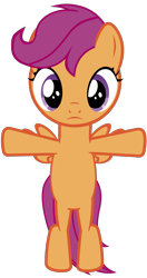 Size: 1000x1896 | Tagged: safe, artist:horses are fuckin weird, derpibooru import, scootaloo, pegasus, pony, bipedal, female, filly, looking at you, meme, simple background, solo, t pose, transparent background, vector