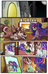 Size: 1800x2740 | Tagged: safe, artist:candyclumsy, derpibooru import, oc, oc:king speedy hooves, oc:queen galaxia, oc:tommy the human, alicorn, human, pony, comic:the fusion flashback 2, alicorn oc, alicorn princess, alicornified, bandage, bed, canterlot, canterlot castle, clothes, comic, commissioner:bigonionbean, cuddling, cutie mark, family photo, father and child, father and son, female, fireplace, full moon, fusion, fusion:king speedy hooves, fusion:queen galaxia, hair bun, horn, hospital bed, hugging a pony, human oc, husband and wife, iv drip, male, moon, mother and child, mother and son, nuzzling, pajamas, parent and child, photos, picture frame, plant, ponified, ponytail, race swap, royal family, royalty, shrub, sleeping, wings, writer:bigonionbean