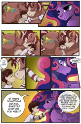 Size: 1800x2740 | Tagged: safe, artist:candyclumsy, derpibooru import, oc, oc:king speedy hooves, oc:queen galaxia, oc:tommy the human, alicorn, human, pony, comic:the fusion flashback 2, alicorn oc, alicorn princess, butt, canterlot, canterlot castle, clothes, comic, commissioner:bigonionbean, cuddling, cutie mark, dialogue, ethereal mane, father and child, father and son, female, fireplace, fusion, fusion:king speedy hooves, fusion:queen galaxia, horn, huge butt, hugging a pony, human oc, husband and wife, kissing, large butt, male, mother and child, mother and son, nuzzling, pajamas, parent and child, royalty, sleeping, unconscious, wings, worried, writer:bigonionbean