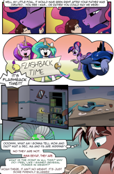 Size: 1800x2740 | Tagged: safe, artist:candyclumsy, derpibooru import, princess cadance, princess celestia, princess luna, twilight sparkle, twilight sparkle (alicorn), oc, oc:king speedy hooves, oc:queen galaxia, oc:tommy the human, alicorn, human, pony, comic:the fusion flashback 2, alicorn oc, alicorn princess, basement, bookshelf, brush, canterlot, canterlot castle, closet, clothes, comic, commissioner:bigonionbean, cuddling, dialogue, dirty, dustpan, ethereal mane, facehoof, fan, female, flashback, furniture, fusion, fusion:king speedy hooves, fusion:queen galaxia, glasses, hair bun, horn, hugging a pony, human oc, kissing, magic, male, mirror, mother and child, mother and son, notebook, nuzzling, parent and child, potion, royalty, shattered glass, sign, sketch, sleeping, talking to himself, thought bubble, unconscious, wings, writer:bigonionbean