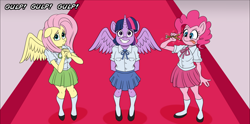 Size: 1768x875 | Tagged: safe, artist:atariboy2600, derpibooru import, fluttershy, pinkie pie, twilight sparkle, twilight sparkle (alicorn), alicorn, anthro, earth pony, pegasus, comic:my little toyetic, :p, clothes, comic, female, hands together, horn, indoors, looking up, pencil, shoes, skirt, smiling, spread wings, talking, tongue out, wings