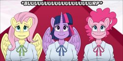 Size: 1768x875 | Tagged: safe, artist:atariboy2600, derpibooru import, fluttershy, pinkie pie, twilight sparkle, twilight sparkle (alicorn), alicorn, anthro, earth pony, pegasus, comic:my little toyetic, burp, clothes, comic, female, horn, indoors, looking up, smiling, spread wings, wings