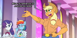 Size: 1768x875 | Tagged: safe, artist:atariboy2600, derpibooru import, applejack, rainbow dash, rarity, anthro, earth pony, pegasus, unicorn, comic:my little toyetic, belt, clothes, comic, female, freckles, hat, indoors, nose picking, open mouth, talking