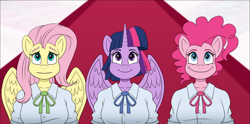 Size: 1768x875 | Tagged: safe, alternate version, artist:atariboy2600, derpibooru import, fluttershy, pinkie pie, twilight sparkle, twilight sparkle (alicorn), alicorn, anthro, earth pony, pegasus, comic:my little toyetic, burp, clothes, comic, female, horn, indoors, looking up, smiling, spread wings, textless version, wings