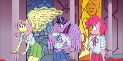 Size: 1768x875 | Tagged: safe, alternate version, artist:atariboy2600, derpibooru import, fluttershy, pinkie pie, twilight sparkle, twilight sparkle (alicorn), alicorn, anthro, earth pony, pegasus, comic:my little toyetic, :p, amputation, clothes, comic, detachable wings, female, horn, indoors, magic, modular, skirt, surprised, telekinesis, textless version, tongue out, wide eyes