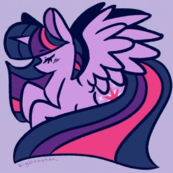 Size: 2000x2000 | Tagged: safe, artist:bigbobchan_, derpibooru import, twilight sparkle, twilight sparkle (alicorn), alicorn, pony, eyes closed, female, high res, mare, profile, purple background, simple background, solo, spread wings, wings