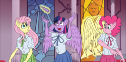Size: 1768x875 | Tagged: safe, alternate version, artist:atariboy2600, derpibooru import, fluttershy, pinkie pie, twilight sparkle, twilight sparkle (alicorn), alicorn, anthro, earth pony, pegasus, comic:my little toyetic, clothes, comic, detachable horn, detachable wings, female, horn, indoors, looking back, looking up, magic, missing horn, modular, open mouth, skirt, spread wings, surprised, telekinesis, textless version, wide eyes, wings