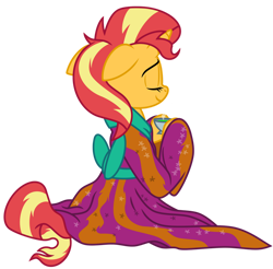 Size: 1024x1006 | Tagged: safe, artist:emeraldblast63, artist:tsitra360, artist:vest, derpibooru import, sunset shimmer, pony, unicorn, clothes, cup, cute, floppy ears, food, kimono (clothing), redraw, show accurate, simple background, sitting, solo, tea, transparent background
