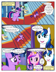 Size: 612x792 | Tagged: safe, artist:newbiespud, derpibooru import, edit, edited screencap, screencap, princess cadance, shining armor, twilight sparkle, unicorn twilight, alicorn, pony, unicorn, comic:friendship is dragons, a canterlot wedding, comic, dialogue, eyelashes, female, jewelry, male, mare, open mouth, peytral, raised hoof, screencap comic, smiling, stallion, tiara