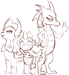 Size: 873x943 | Tagged: safe, artist:crade, princess ember, smolder, spike, dragon, age difference, ara ara, emberspike, explicit source, grayscale, nervous, shipping, size difference, spolder, straight, sweat, tail hug, tsundere, white background
