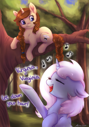 Size: 3500x5000 | Tagged: safe, artist:buttersprinkle, derpibooru import, oc, oc only, oc:eula phi, oc:virginia, pony, unicorn, braid, braided tail, branches, commission, duo, duo female, female, horn, music notes, rapunzel, signature, singing, sitting in a tree, smiling, text, tree, tree branch, unicorn oc