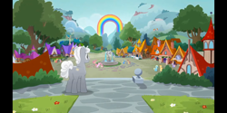 Size: 2160x1080 | Tagged: safe, derpibooru import, screencap, cherry lemonade, confetti party, guiding heart, meadow bloom, oak sprout, stargazer (character), sunny skies, thistle rain, tulip bulb, tulip rose, earth pony, pegasus, pony, unicorn, rainbow roadtrip, female, male, mare, photo, stallion, town square, unnamed character, unnamed pony