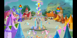 Size: 2160x1080 | Tagged: safe, derpibooru import, screencap, apple juice (character), cherry lemonade, confetti party, cottonflock, guiding heart, kersplash, meadow bloom, oak sprout, spring sprout, stargazer (character), thistle rain, tulip bulb, tulip rose, earth pony, pegasus, pony, unicorn, background pony, bridle wreath, celebrating, crowd, female, flevo blossom, fountain, happy, harvest spice, male, mare, moody root, mr. hoofington, mrs. hoofington, pastelia, photo, rose honey, stallion, talking, unnamed character, unnamed pony