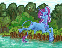 Size: 1300x1000 | Tagged: safe, artist:lanku, derpibooru import, oc, oc only, oc:diamond gem, classical unicorn, unicorn, cloven hooves, day, forest, leonine tail, lying down, solo, tree, unshorn fetlocks, water