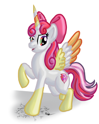 Size: 1200x1500 | Tagged: safe, artist:blademanunitpi, derpibooru import, apple bloom, scootaloo, sweetie belle, alicorn, cutie mark, cutie mark crusaders, fusion, pose, simple background, solo, the cmc's cutie marks, the ultimate cutie mark crusader, transparent background, tricolor wings, we have become one