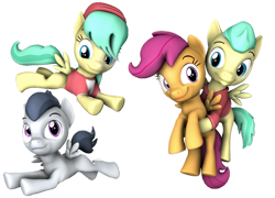 Size: 1280x923 | Tagged: safe, artist:pika-robo, derpibooru import, barley barrel, pickle barrel, rumble, scootaloo, 3d, assisted flying, barrel twins, brother and sister, colt, female, filly, flying, foal, friendshipping, male, siblings, simple background, source filmmaker, transparent background, twins