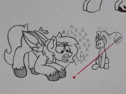 Size: 2013x1499 | Tagged: safe, artist:drheartdoodles, derpibooru import, oc, oc:dr.heart, pegasus, pony, unicorn, angry, background pony, behaving like a cat, clydesdale, laser pointer, magic, size difference, traditional art, yelling