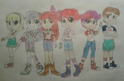 Size: 2010x1321 | Tagged: safe, artist:jebens1, derpibooru import, apple bloom, scootaloo, sweetie belle, equestria girls, legend of everfree, boots, clothes, clothes swap, converse, cowboy boots, cutie mark crusaders, jeans, looking at you, pants, pippi longstocking, shirt, shoes, shorts, simple background, skirt, traditional art