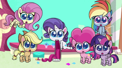 Size: 1920x1080 | Tagged: safe, derpibooru import, screencap, applejack, fluttershy, pinkie pie, rainbow dash, rarity, twilight sparkle, earth pony, pegasus, pony, unicorn, director spike's mockumentary, my little pony: pony life, spoiler:pony life s01e36, big eyes, gem, jaw drop, tongue out