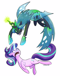 Size: 2480x3185 | Tagged: safe, artist:gintoki23, derpibooru import, queen chrysalis, starlight glimmer, changeling, changeling queen, pony, unicorn, the ending of the end, angry, determined, duo, female, fight, glare, glowing horn, high res, horn, magic, open mouth, smiling, smirk, ultimate chrysalis