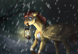 Size: 960x664 | Tagged: safe, artist:marinavermilion, derpibooru import, oc, oc only, pegasus, pony, chest fluff, lantern, mouth hold, snow, snowfall, solo