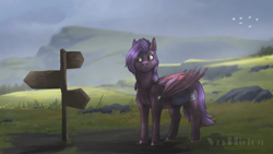 Size: 960x540 | Tagged: safe, artist:marinavermilion, derpibooru import, oc, oc only, oc:dawn sentry, bat pony, pony, scenery, sign, solo, watermark