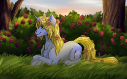 Size: 1920x1206 | Tagged: safe, artist:marinavermilion, derpibooru import, oc, oc only, oc:art's desire, pony, unicorn, flower, flower in hair, rose, solo