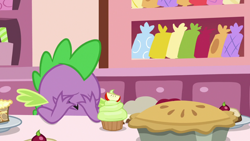 Size: 1920x1080 | Tagged: safe, derpibooru import, screencap, spike, dragon, the big mac question, cupcake, food, pie, solo, winged spike