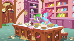 Size: 1920x1080 | Tagged: safe, derpibooru import, screencap, cup cake, spike, dragon, the big mac question, apple, food, pie, rolling pin, winged spike