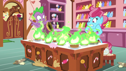 Size: 1920x1080 | Tagged: safe, derpibooru import, screencap, cup cake, spike, dragon, the big mac question, candy, candy cane, cupcake, donut, epic fail, fail, food, lollipop, on fire, rolling pin, sugarcube corner, winged spike