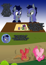 Size: 1076x1502 | Tagged: safe, artist:ladyanidraws, derpibooru import, pinkie pie, oc, oc:adamant, oc:pun, oc:westwood, earth pony, pony, ask, ask pun, horses doing horse things, rolling