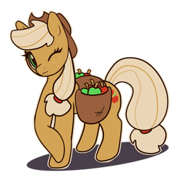 Size: 1280x1280 | Tagged: safe, artist:...macabre..., artist:1alberich1, derpibooru import, applejack, earth pony, pony, apple, cute, food, freckles, jackabetes, one eye closed, simple background, solo, transparent background, wink